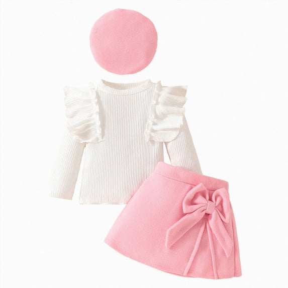 mgoYE Toddler Girl Clothes Solid Long Sleeve Knit Top Ruffle Wrap Tie Skorts Girls Fall Outfits Skirt Set with Beret