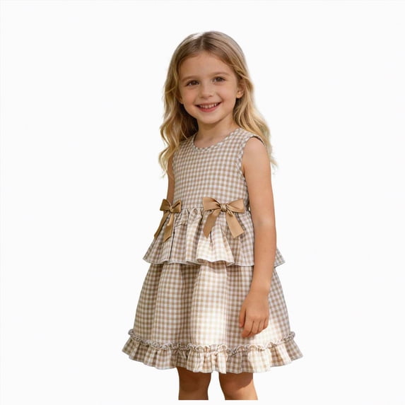 mgoYE Toddler Girl Easter Dress Toddler Girls Dresses Ruffle Neck Sleeveless Floral Print Dress Bow Front A-Line Party Dress(Khaki,2-3 Years)
