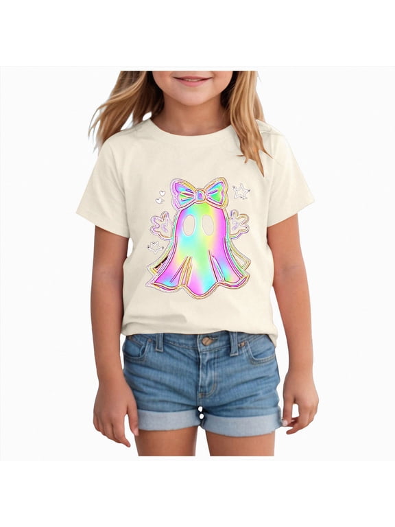 Toddler Girl Halloween T-Shirt Colorful Bow Ghost Graphic Shirts Kid Short Sleeve Tees Spooky Season Outfits Tops(Beige,18-24 Months)