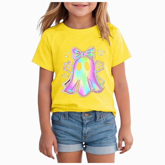 mgoYE Toddler Girl Halloween T-Shirt Colorful Bow Ghost Graphic Shirts Kid Short Sleeve Tees Spooky Season Outfits Tops(Yellow,5-6 Years)