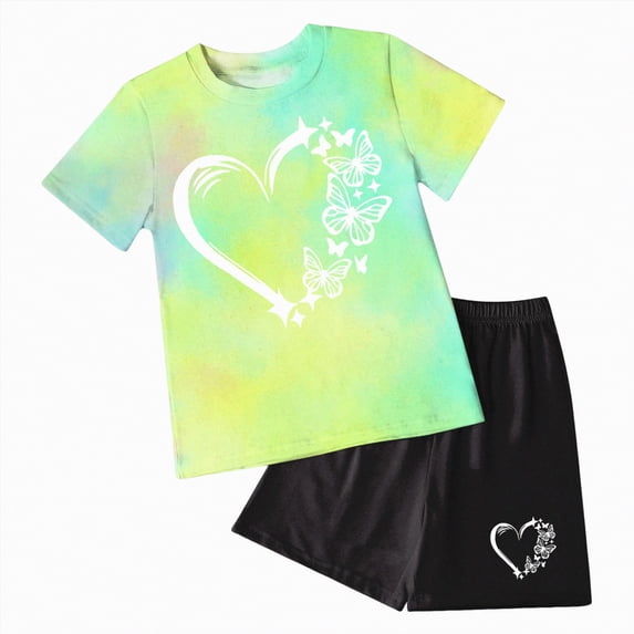 mgoYE Toddler Girl Outfits Kids Girl Clothes Tie Dye Heart Print Short Sleeve Top and Shorts Toddler Girl Summer Outfits Short Set(Mint Green,6-7 Years)