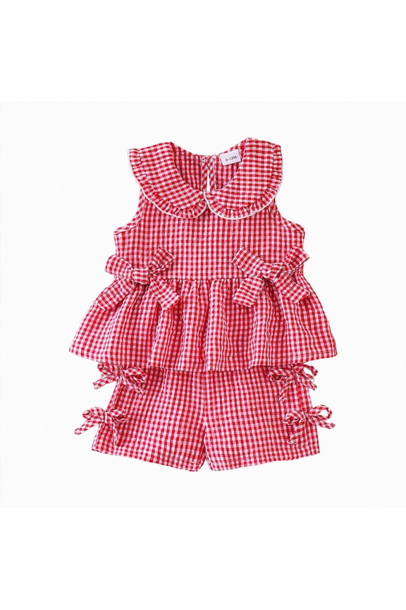 Toddler Girl Outfits Set Ruffled Button Strap Crop Tops Plaid Shorts Set Matching Summer Clothes Set(Red,6-12 Months)