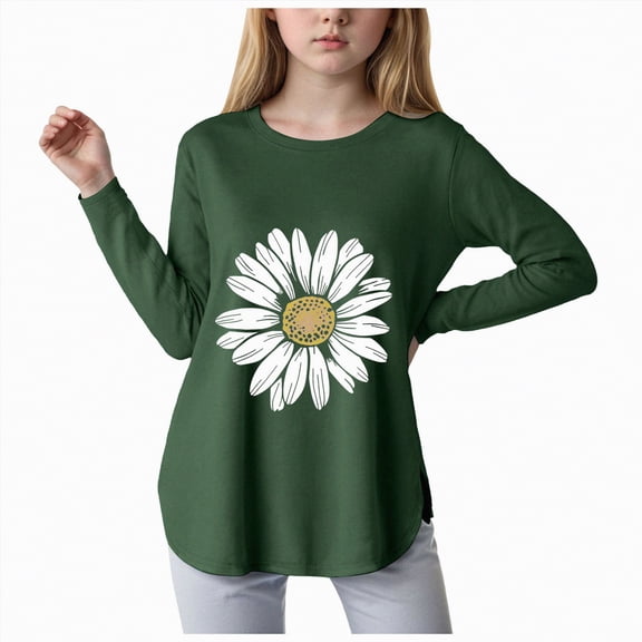 mgoYE Toddler Girl T Shirt 5t Girls Long Sleeve Shirts Cute Pattern Shirt Kids Crewneck Soft Tunic Tops Curve Hem Side Slit T-Shirts(Green,5-6 Years)
