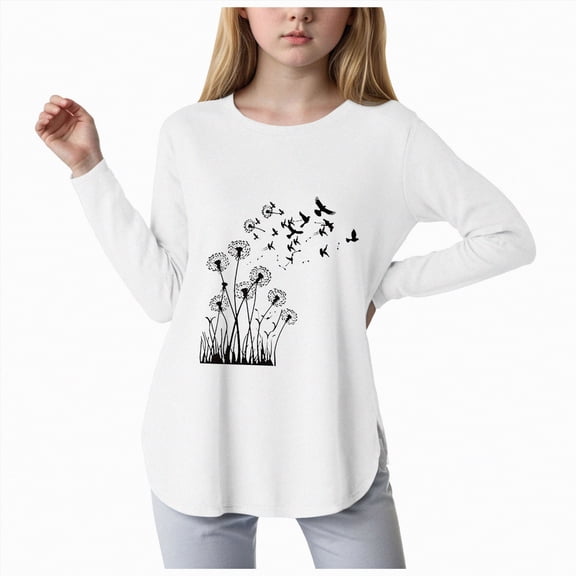 mgoYE Toddler Girl T Shirt 5t Girls Long Sleeve Shirts Kids Crewneck Soft Tunic Tops Printed Shirt Curve Hem Side Slit T-Shirts(White,5-6 Years)