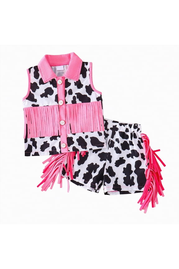 Toddler Girl Western Outfit Baby Cowgirl Clothes Ruffle Cow Print Shirt Button Tops Tassel Shorts Outfits(White,3-4 Years)