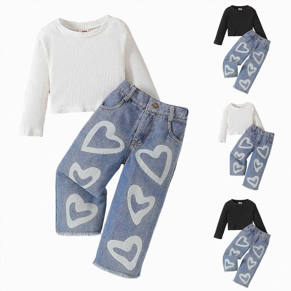 mgoYE Toddler Girls Clothes 1-6T Ribbed Baby Kids Girl Denim Outfits Long Sleeve Tops Love Hearts Jeans Pant(White,1-2 Years)