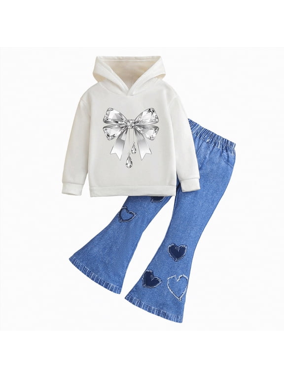 Toddler Girls Clothes 6T Girls 2 Piece Outfits Long Sleeve Butterfly Sweatshirt & Flared Pants Fall Clothing Set(White,5-6 Years)