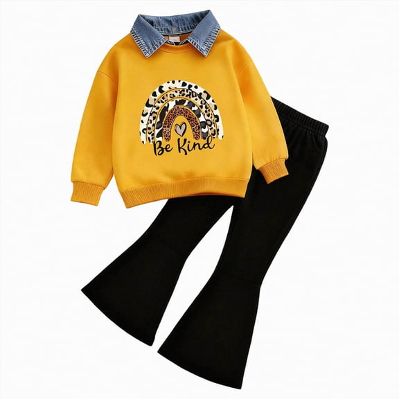 mgoYE Toddler Girls Clothes 6T Girls Bow Print Long Sleeve Top and Pants Set, Casual Cute Outfit with Flare Pants for Spring and Fall(Yellow,2-3 Years)