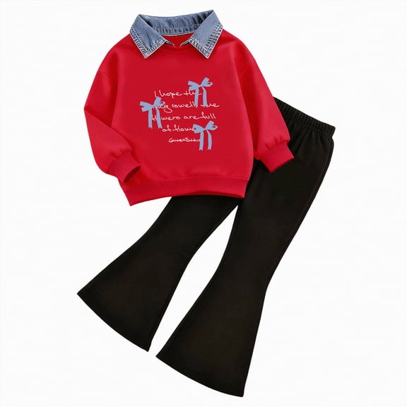 mgoYE Toddler Girls Clothes 6T Girls Clothes Fall Long Sleeve Lace Bow Print Sweatshirt Flared Pants 2PCS Set Little Girl Outfits(Red,5-6 Years)