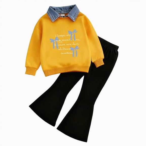 mgoYE Toddler Girls Clothes 7t Girls Clothes Fall Long Sleeve Lace Bow Print Sweatshirt Flared Pants 2PCS Set Little Girl Outfits(Yellow,2-3 Years)