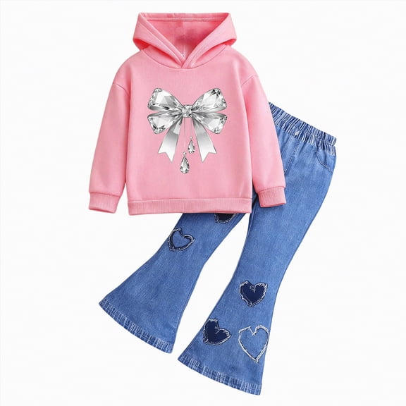 mgoYE Toddler Girls Clothes Girls Clothes Fall Long Sleeve Lace Bow Print Sweatshirt Flared Pants 2PCS Set Little Girl Outfits(Pink,5-6 Years)