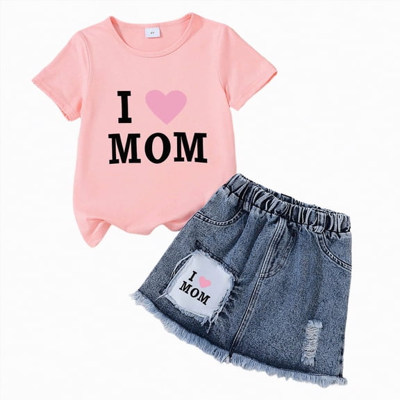 mgoYE Toddler Girls Cloths Summer Letter Daddy's/Mama's Girls Bow Pattern Clothes T Shirt with 3D Embroidery + Denim Shorts Set|T 6-7 Years