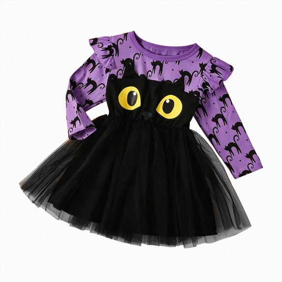 mgoYE Toddler Girls Halloween Dress Long Sleeve Cat Pumpkin Print Dresses Baby Cute Holiday Party Outfit(Purple,5-6 Years)