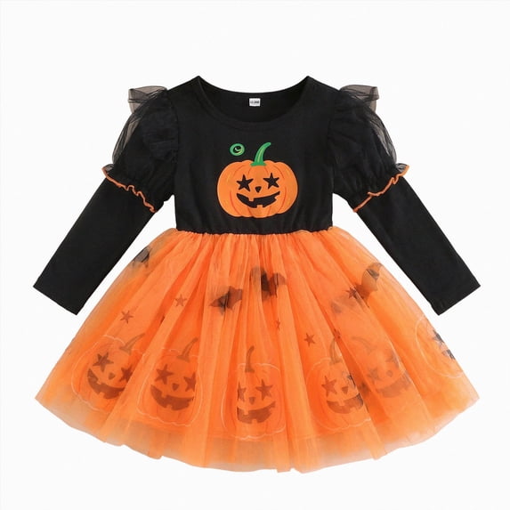 mgoYE Toddler Girls Halloween Dress Long Sleeve Print Dresses Baby Cute Holiday Party Outfit