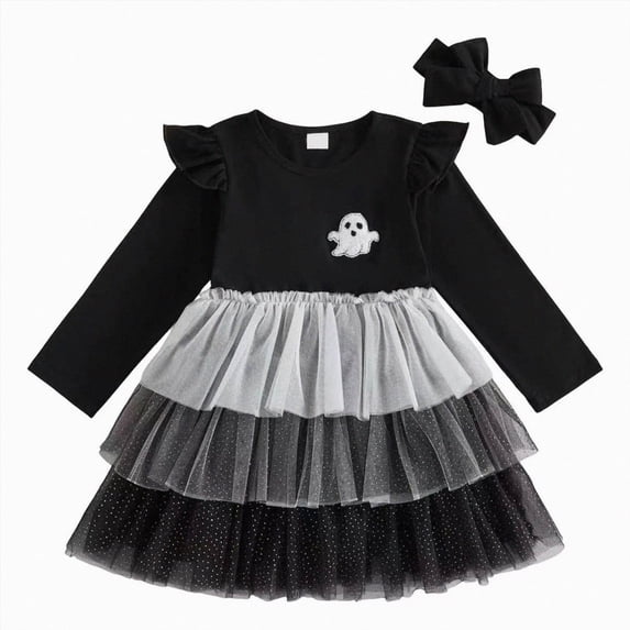 mgoYE Toddler Girls Halloween Dress Orange Pumpkin Tiered Dress Long Sleeve Dresses Tutu Outfits(Black,12-18 Months)