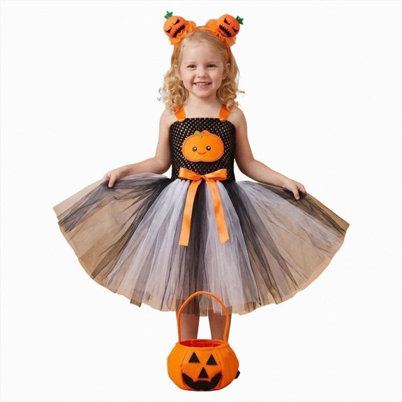 mgoYE Toddler Girls Halloween Pumpkin Dress Up Princess Fancy Birthday Party Tulle Gown(Orange,2-3 Years)