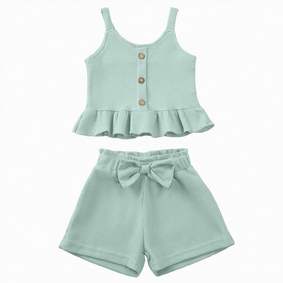 mgoYE Toddler Girls Summer Clothes Toddler Girl Clothes, 2Pcs Baby Girl Summer Spring Outfits Sleeveless Tank Shirt Ruffle Top +Shorts Clothing Set(Green,18-24 Months)