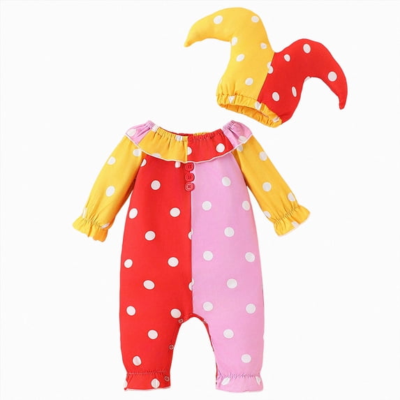 mgoYE Toddler Halloween Outfits Baby Boy Girl Clown Contrast Color Long Sleeve Jumpsuit Hat Smocked Outfits|Red,3-6 Months
