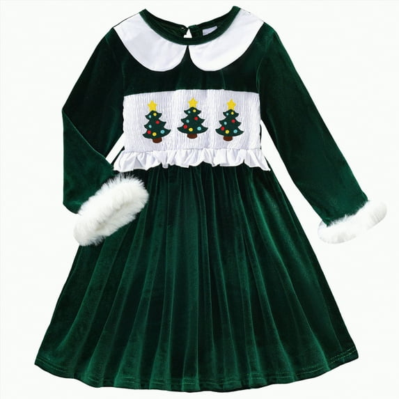 mgoYE Toddler Infant Baby Girl Christmas Outfit Doll Collar Embroidery Smocked Dress Fall Xmas Outfit(Green,18-24 Months)