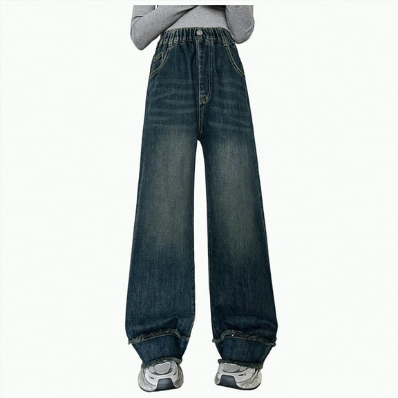 mgoYE Toddler Jeans Girls Girls Cargo Pants Baggy Y2K Cargo Trousers Jeans Wide Leg Pants with Multi Pockets Kids Jeans Girls(Dark Blue,10-12 Years)