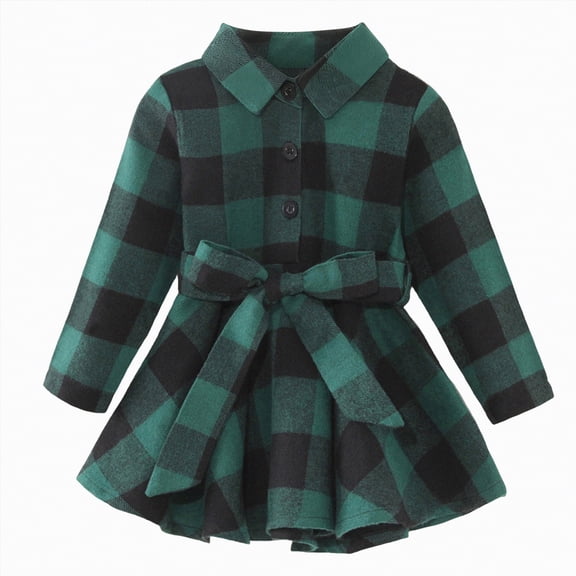 mgoYE Toddler Kids Baby Girl Plaid Dress Long Sleeve Belted Botton Shirts Dresses Infant Fall Outfits(Green,6-9 Months)