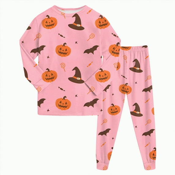 mgoYE Toddler Kids Little Girls Halloween Satin Pajamas Pumpkin Feather Trim Sleeve Button Sleepwear Pjs Set(Pink,3-4 Years)