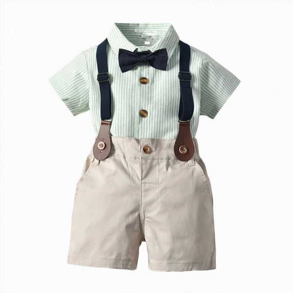 mgoYE Toddler Outfits Gentleman Outfit Short Sleeve Bowtie Button Romper+Suspender Overalls Shorts Set Wedding Set Formal(Green,8 Years)