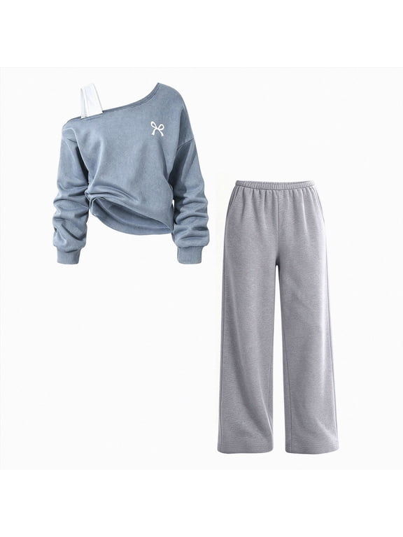 Tween Girl Clothes 2 Pieces Outfit Set Off Shoulder Bow Print Top + Pant Fall Winter Spring Clothing