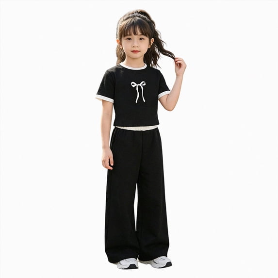 mgoYE Tween Girls Clothes 2 Piece Outfit T-Shirt Top + Wide Leg Pants Girl Trendy Clothing Set(BK1,13-14 Years)