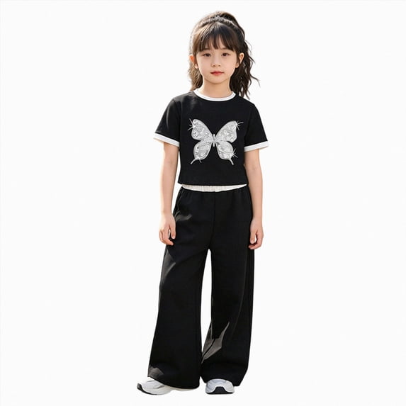 mgoYE Tween Girls Clothes 2 Piece Outfit T-Shirt Top + Wide Leg Pants Girl Trendy Clothing Set(BK2,14-15 Years)