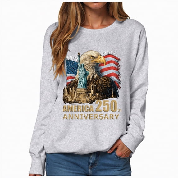mgoYE USA Navy 250th Anniversary Gifts Women American Flag Sweatshirts USA Flag Stars Stripes Graphic Blouse Patriotic Sweatshirt 4th of July Sweatshirt Summer Tops Tee|Light Gray L