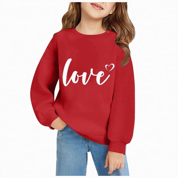 mgoYE Valentines Girls Outfits Cute Love Heart Long Sleeve Graphic Oversized Sweatshirts Casual Pullover Tops(Dark Blue,3-4 Years)
