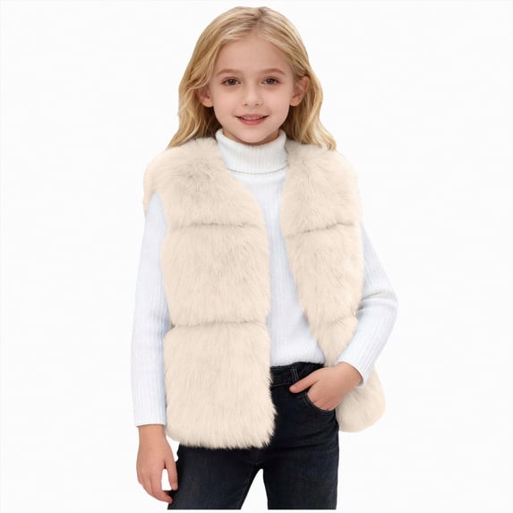 mgoYE Vest for Girls Sleeveless Fuzzy Jacket Winter Warm Cropped Coats Kids Cute Cardigan Outerwear(Beige,4-5 Years)