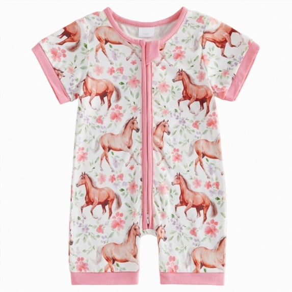 mgoYE Western Baby Boys Girls Romper Zipper Short Sleeve Infant Play Romper Soft Bodysuit Infant Cowgirl Outfit Summer Clothes(Pink,12-18 Months)