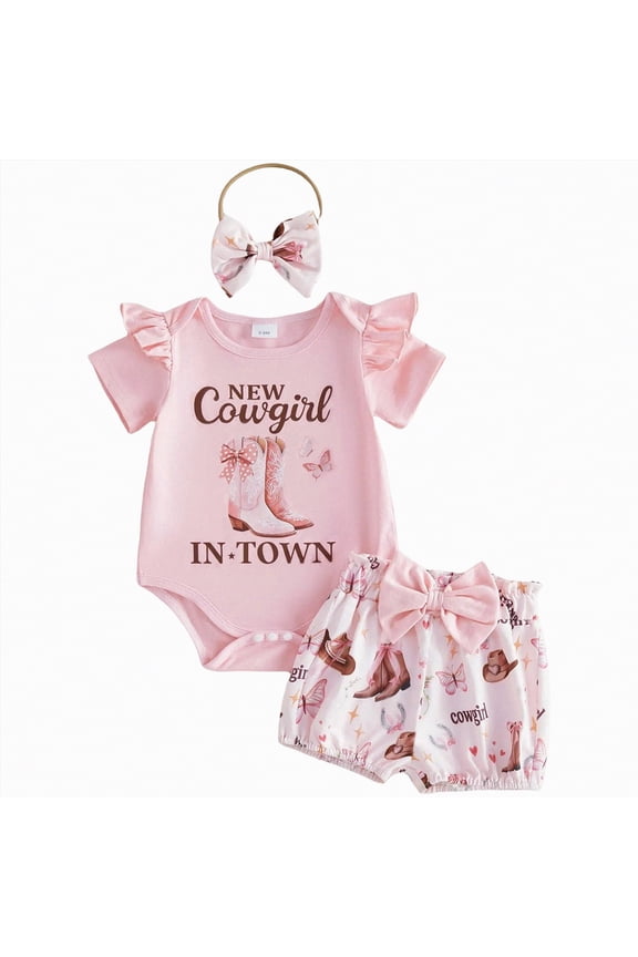 Western Baby Girl Summer Outfit Short Sleeve New Cowgirl in Town Romper Boots Print Shorts Newborn Cowgirl Clothes|Pink 3-6 Months