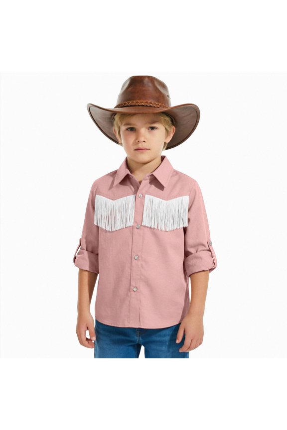 Western Boys' Girls Button-Down Shirts Long Sleeve, Pearl Snap Shirt(Pink,5-6 Years)