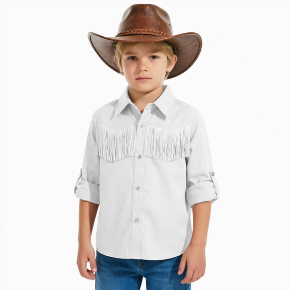 mgoYE Western Boys' Girls Button-Down Shirts Long Sleeve, Pearl Snap Shirt(White,5-6 Years)