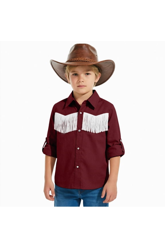 Western Boys' Girls Button-Down Shirts Long Sleeve, Pearl Snap Shirt(Wine,7-8 Years)