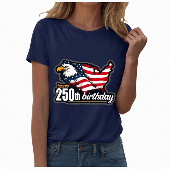 mgoYE Women 250 Anniversary Shirt Patriotic Tops Tee Happy 250th Birthday Clothes for Women Navy 3XL