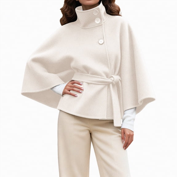 mgoYE Women Batwing Sleeve Ponchos Pea Coat Wool Bland Stand Collar Jacket Winter Cropped Overcoat(White,M)