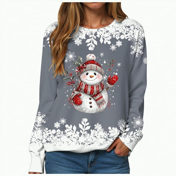 mgoYE Women Christmas Shirt Long Sleeve Crewneck Casual Dressy Tops Funny Graphic Christmas Costumes Fall Fashion Outfits(Grey,XL)