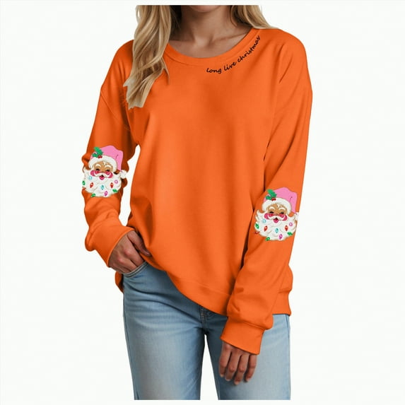 mgoYE Women Christmas Sweatshirt Christmas Light Sweatshirts Merry and Bright Xmas Long Sleeve Shirts Crewneck Pullover Tops(Orange,XXL)