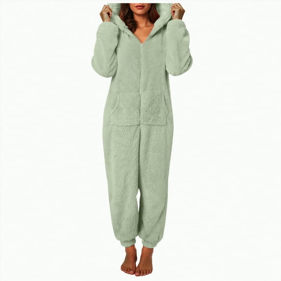 mgoYE Women Fuzzy Onesie One Piece Pajamas Warm Plush Hooded Jumpsuits Lounge Rompers Fluffy Winter Sleepwear(Light Green,2XL)