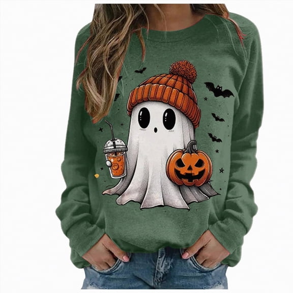 mgoYE Women Halloween Shirt Halloween Shirts for Women: Halloween Pumpkin Shirt Cute Ghost Shirts Spooky Season Tee Fall Graphic Long Sleeve Tee(H-Dark Green,2XL)