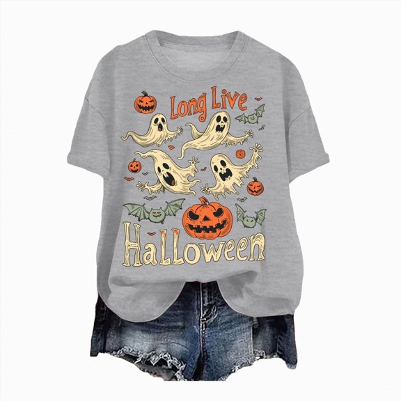 mgoYE Women Halloween Shirt Halloween Shirts for Women: Halloween Pumpkin Shirt Cute Ghost Shirts Spooky Season Tee Fall Graphic Short Sleeve Tee(D-Grey,2XL)