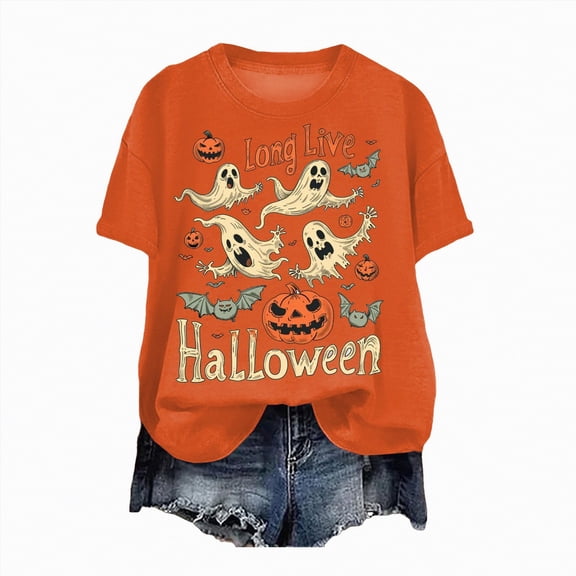 mgoYE Women Halloween Shirt Halloween Shirts for Women: Halloween Pumpkin Shirt Cute Ghost Shirts Spooky Season Tee Fall Graphic Short Sleeve Tee(D-Orange,M)