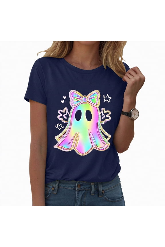 Women Halloween Shirt Halloween Shirts for Women Cute Ghost Shirt Fall Pumpkin Tshirt Coffee Graphic Tees casual Short Sleeve Tops(Navy,L)