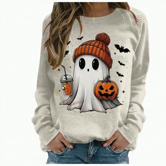mgoYE Women Halloween Shirt Halloween Sweatshirts for Women Ghost Pumpkin Long Sleeve Shirt Graphic Tees Fall Pullover Tops(Beige,S)