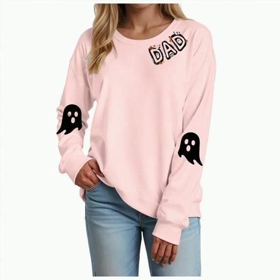mgoYE Women Halloween Shirt Halloween Sweatshirts for Women Ghost Pumpkin Long Sleeve Shirt Graphic Tees Fall Pullover Tops(Pink,XL)