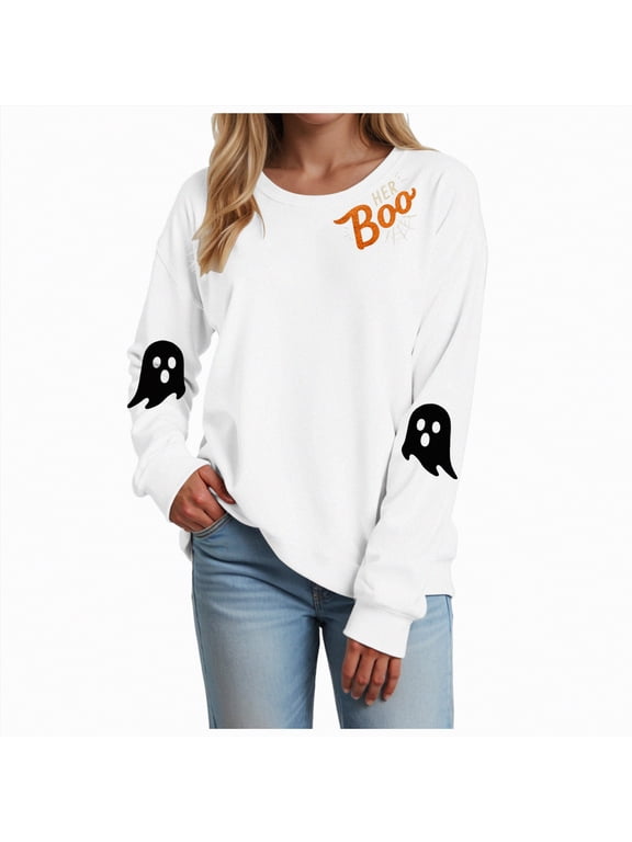 Women Halloween Shirt Halloween Sweatshirts for Women Ghost Pumpkin Long Sleeve Shirt Graphic Tees Fall Pullover Tops(White,L)